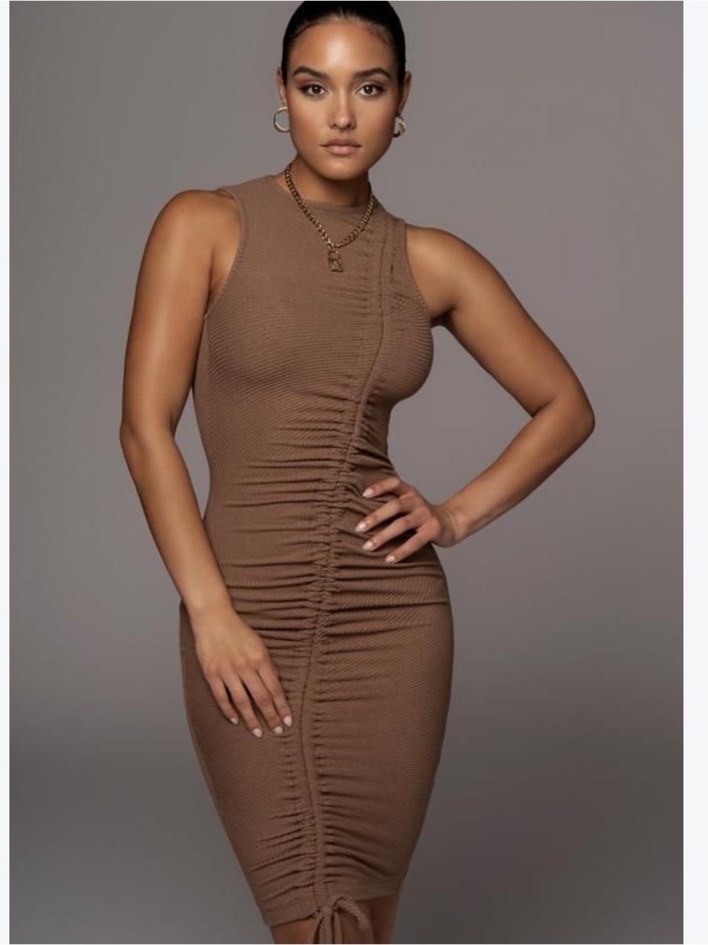 JLuxLabel Brown Ruched Ribbed Sleeveless Mini dress size M